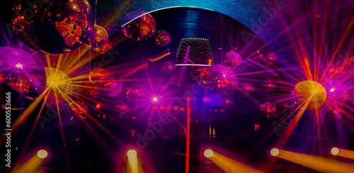 holiday party music background with microphone and vinyl record and glowing disco balls
