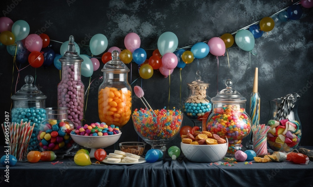 Fototapeta premium a table topped with lots of candy and candies next to a string of balloons. generative ai