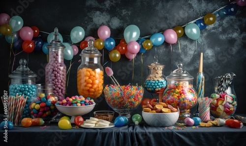  a table topped with lots of candy and candies next to a string of balloons.  generative ai