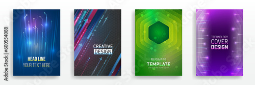 Blue layout futuristic brochures, flyers, and placards. Contemporary science and digital technology concept. Vector template for a brochure or cover with hi-tech elements background.