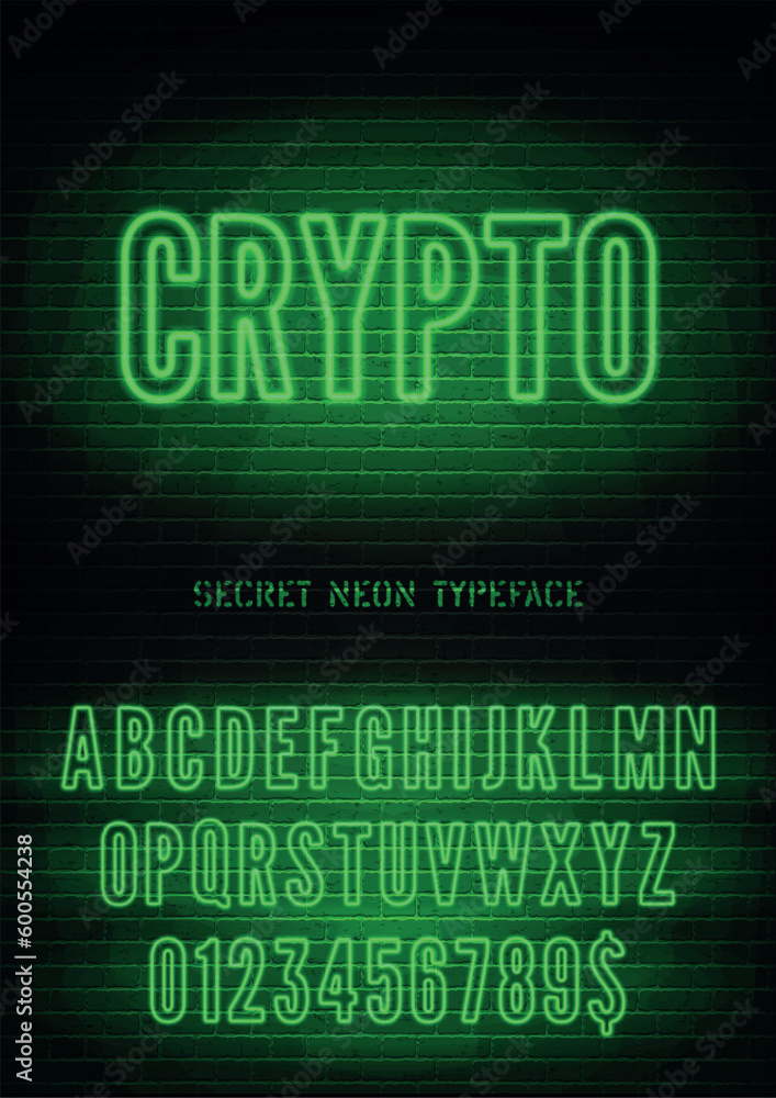 Crypto sign and green neon hollow font with numbers on vector dark brick wall background. Mysterious night light alphabet extra glow effect Crypto sign and green neon hollow font with numbers on vector dark brick wall background. Mysterious night light alphabet extra glow effect