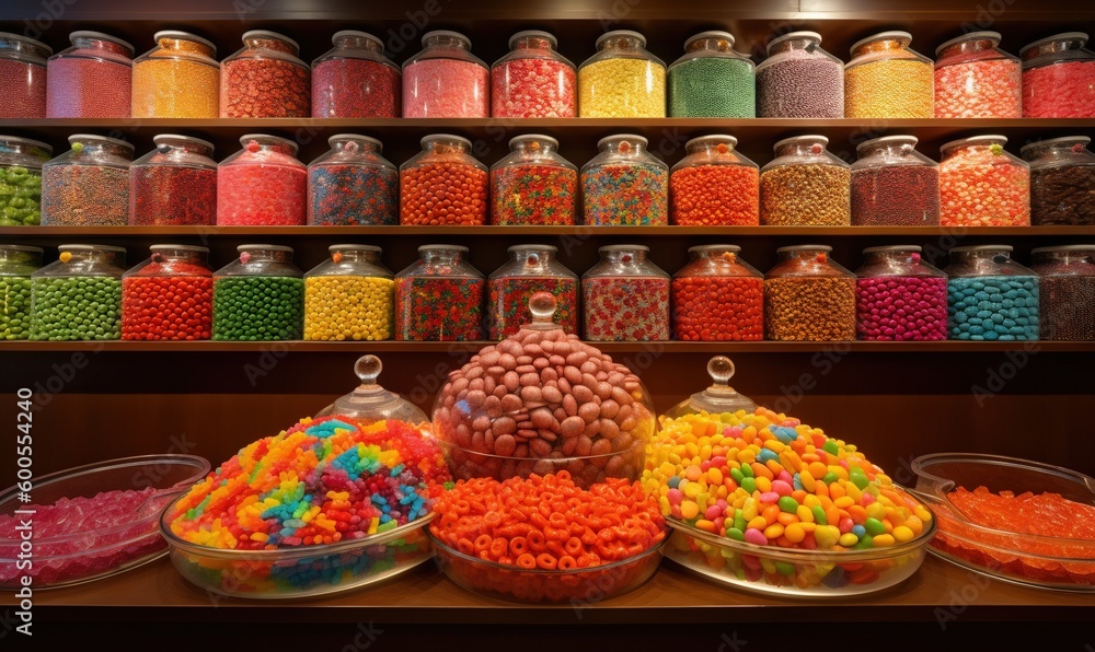  a variety of candy in a store with a shelf full of jars.  generative ai