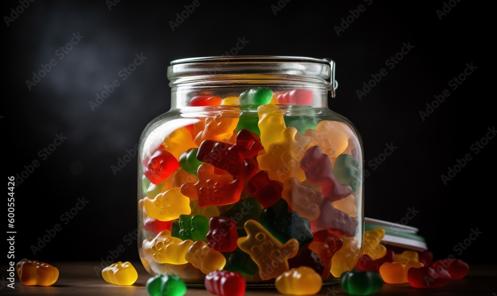 a glass jar filled with gummy bears on a table. generative ai a glass jar filled with gummy bears on a table. generative ai