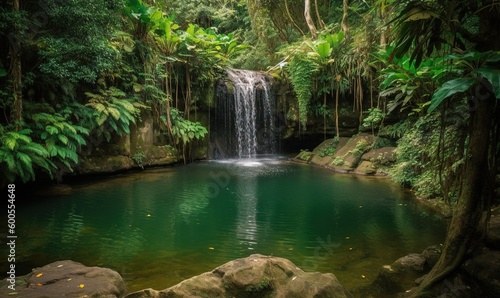  a small waterfall in the middle of a forest filled with trees.  generative ai