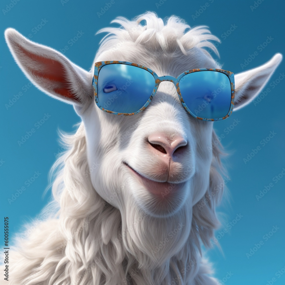 Creative portrait of an interesting goat with sunglasses, in daylight. Summer vibe. Generative AI