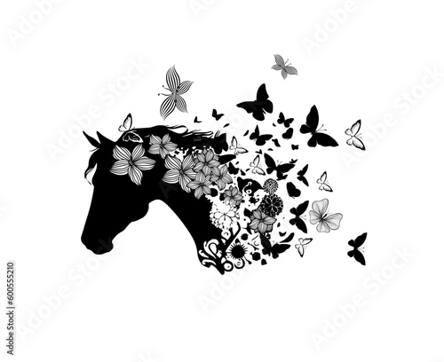 Horse head silhouette from flowers and butterflies. Vector illustration