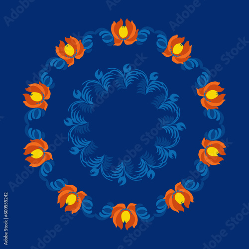 Traditional Ukrainian painting of Petrykivka. Elements of blue and yellow floral ornament. Decorative composition for the background. Repeating pattern.