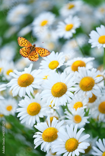 Beautiful flying butterfly and chamomile flowers close up, natural blurred abstract background. Beautiful dreamy floral image of nature. summer rustic landscape with daisies. template for design © Ju_see
