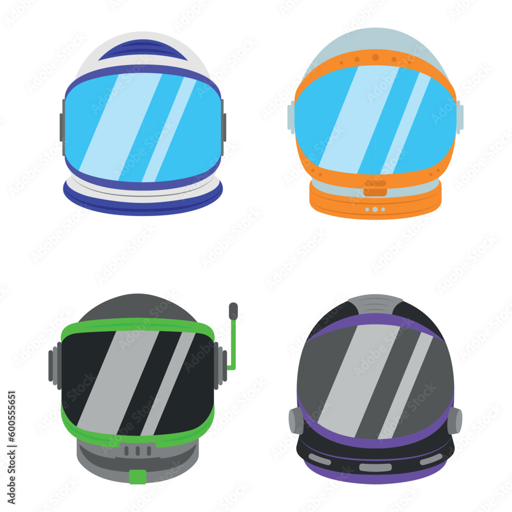 Set of colored space helmets of different shapes in cartoon style. Vector illustration of different helmets for astronauts for space exploration isolated on white background. - obrazy, fototapety, plakaty 