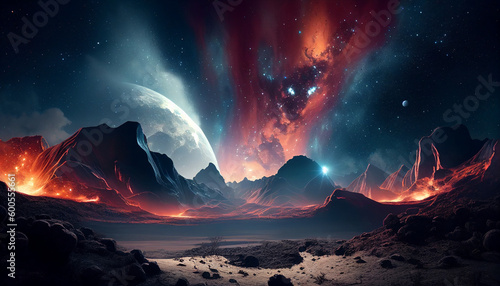 A planet with mountains, space sky and a nebula background, Generative AI © drizzlingstarsstudio