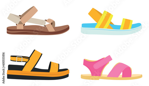 Set of colored summer sandals in cartoon style. Vector illustration of various open summer sandals with straps, low and high platform isolated on white background. Summer shoes.