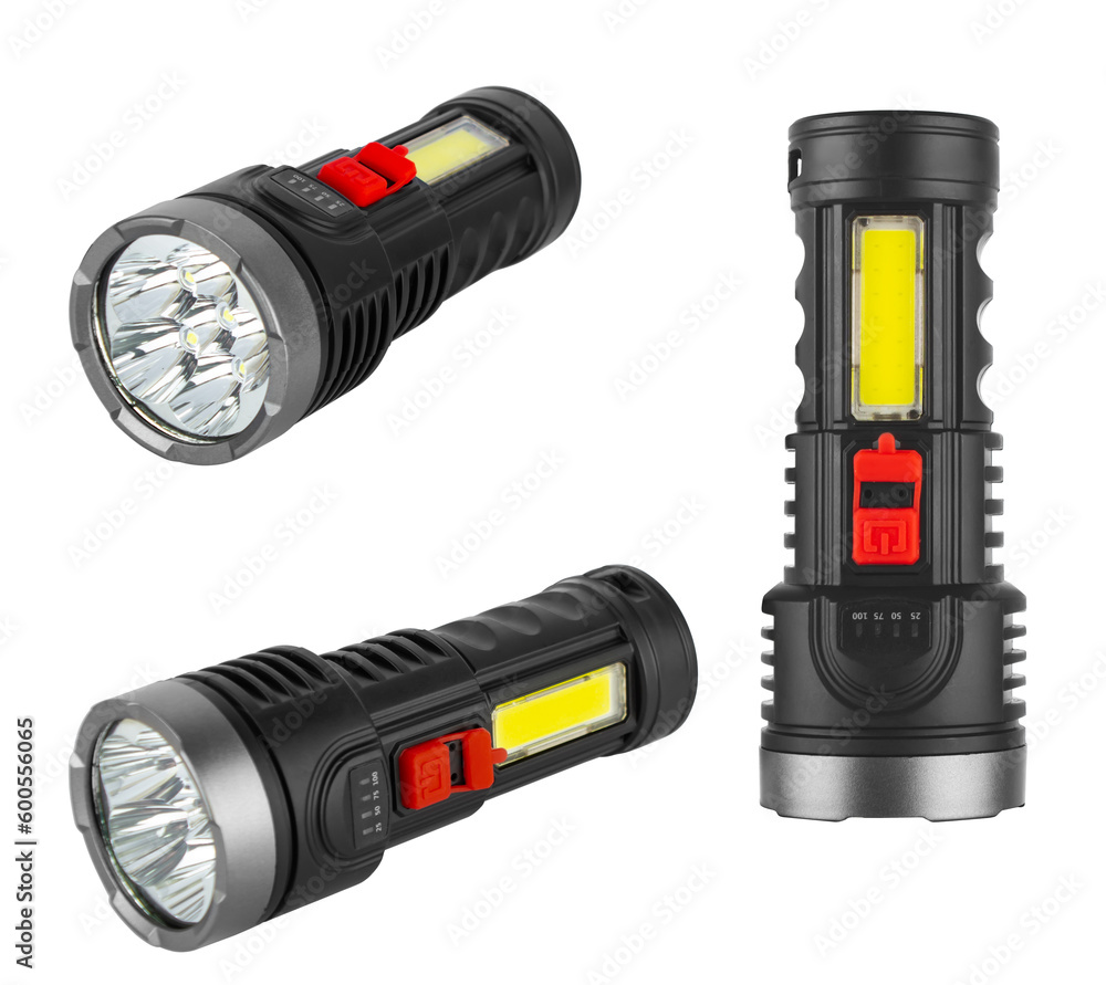 battery-powered flashlight, hand-held, on a white background battery-powered flashlight, hand-held, on a white background