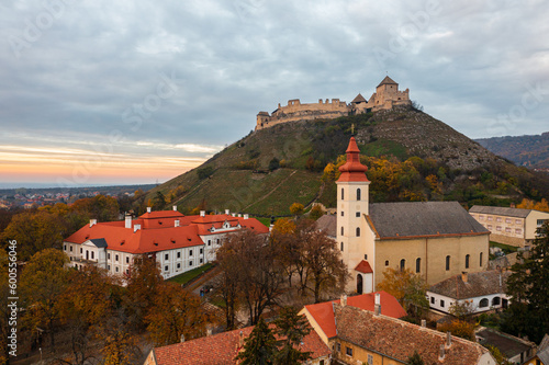 Fototapeta Aerial view about Bishop's Palace under the castle of Sumeg at sunset