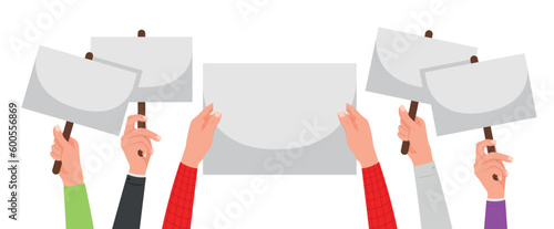 Set of hands with signs in cartoon style. Vector illustration of different signs held by people isolated on white background. Demonstration of people with posters. Rallies, actions.Empty banners.