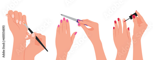 Fotografiet Set of hands with stages of manicure in cartoon style