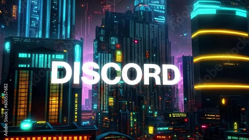 Discord type animation set against 3d render of a bustling cyberpunk metropolis city. Featuring a generative ai look and modern animation. 
 photo