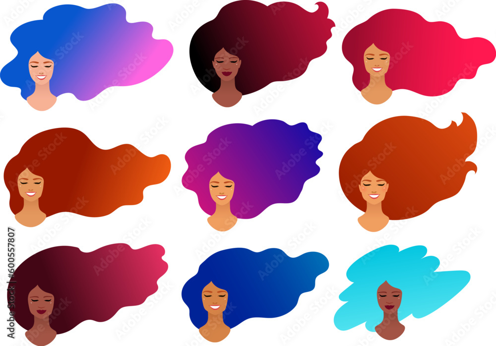 Vector illustration set of female avatars with smile and vibrant hair isolated on white background. Vector illustration set of female avatars with smile and vibrant hair isolated on white background.