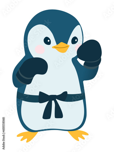 cute blue penguin boxer cartoon in boxing gloves and belt isolated