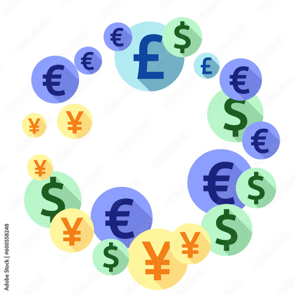 Euro dollar pound yen round signs flying money vector illustration. Financial concept. Currency Euro dollar pound yen round signs flying money vector illustration. Financial concept. Currency