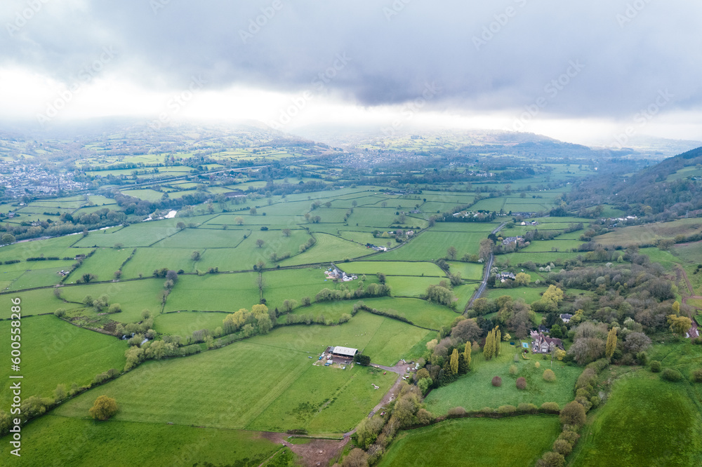 Epic panorama of the landscape near Abergavenny and Govilon, South Wales of United Kingdom