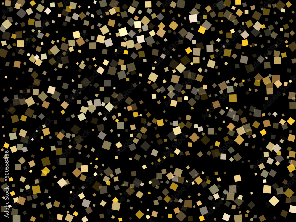 Modern gold confetti sequins tinsels scatter on black. Glittering New Year vector sequins background. Gold foil confetti party particles pattern. Many particles invitation backdrop.