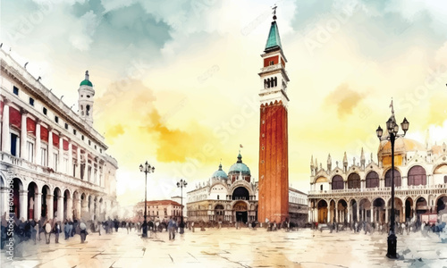Piazza San Marco Imitation of an Illustration City Venice Art watercolor vector Background generative ai