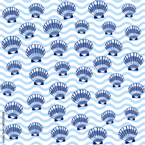 Bivalve mollusk cockleshell on waves backdrop, oceanic sea shell seamless pattern.
