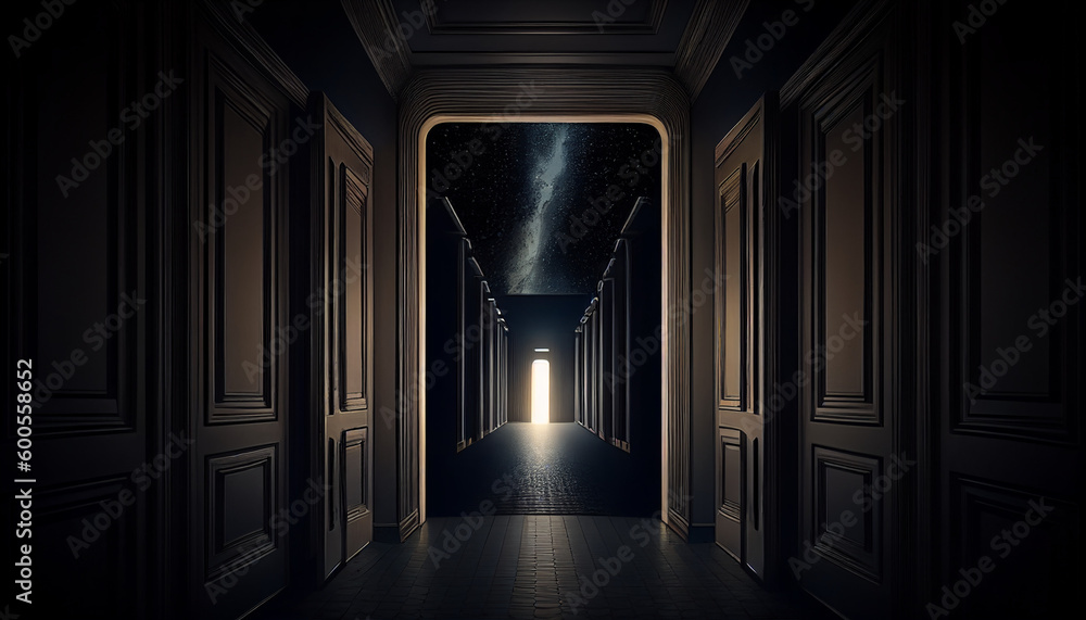 Modern futuristic sci-fi background with an empty dark room, Generative AI