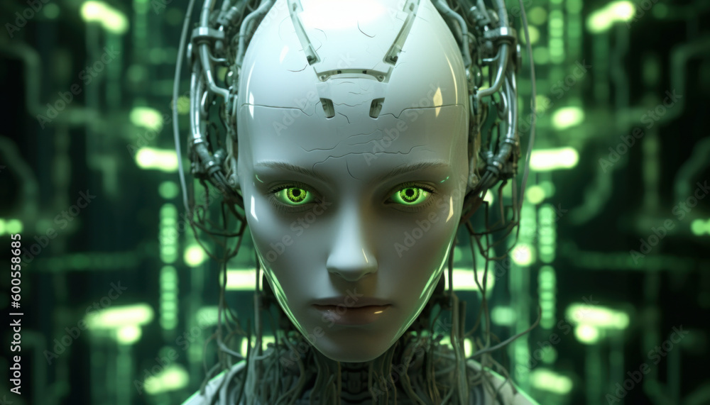 People chipping concept, female portrait of a futuristic android or cyborg robot. Neurons and wires run through the entire body and head of a person. Created by AI People chipping concept, female portrait of a futuristic android or cyborg robot. Neurons and wires run through the entire body and head of a person. Created by AI