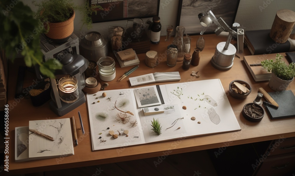 a desk with a variety of plants and other items on it. generative ai a desk with a variety of plants and other items on it. generative ai
