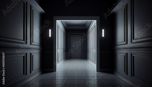 Modern futuristic sci-fi background with an empty dark room, Generative AI © drizzlingstarsstudio