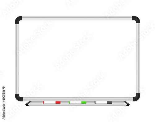 Stock Vector-Realistic Blank Office Whiteboard.Corporate Meeting Space.Brainstorming Board.Whiteboard with marker pens.Creative Workspace.Teamwork and Strategy.Realistic office