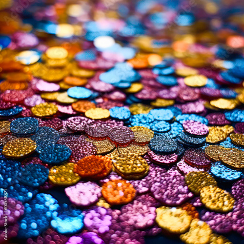 Bright colored festive glitter close-up, celebration, confetti, Christmas, rainbow