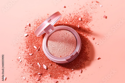 Eye shadow next to a scattering of glitter on a pink background
