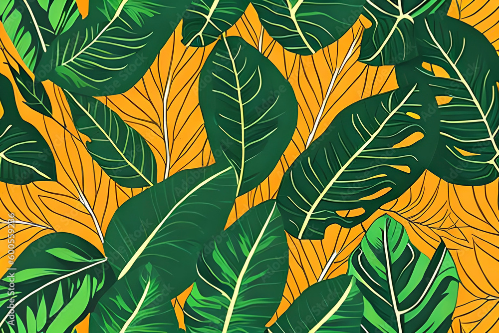 pattern with Tropical Leaves, Bring the jungle to your summer with a pattern of lush tropical leaves in shades of green, yellow, and orange pattern with Tropical Leaves, Bring the jungle to your summer with a pattern of lush tropical leaves in shades of green, yellow, and orange