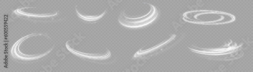 Light blue glowing effect. Glowing white speed lines. Abstract traffic lines on the road. Light dust trail wave, fire path trace line, car headlights, optical fiber and filament curve swirl png.