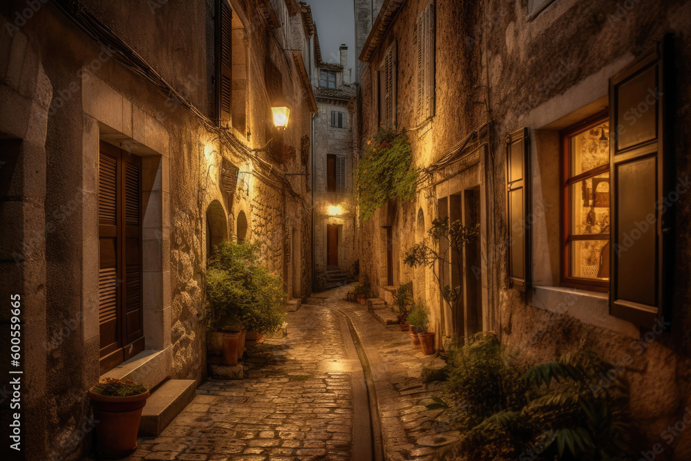 Charming, empty, narrow, cobbled street lined with old, stone buildings. Generative AI