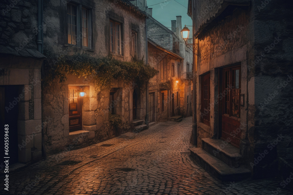 A narrow, cobblestone street in an old European town, lined with charming stone buildings. Generative AI