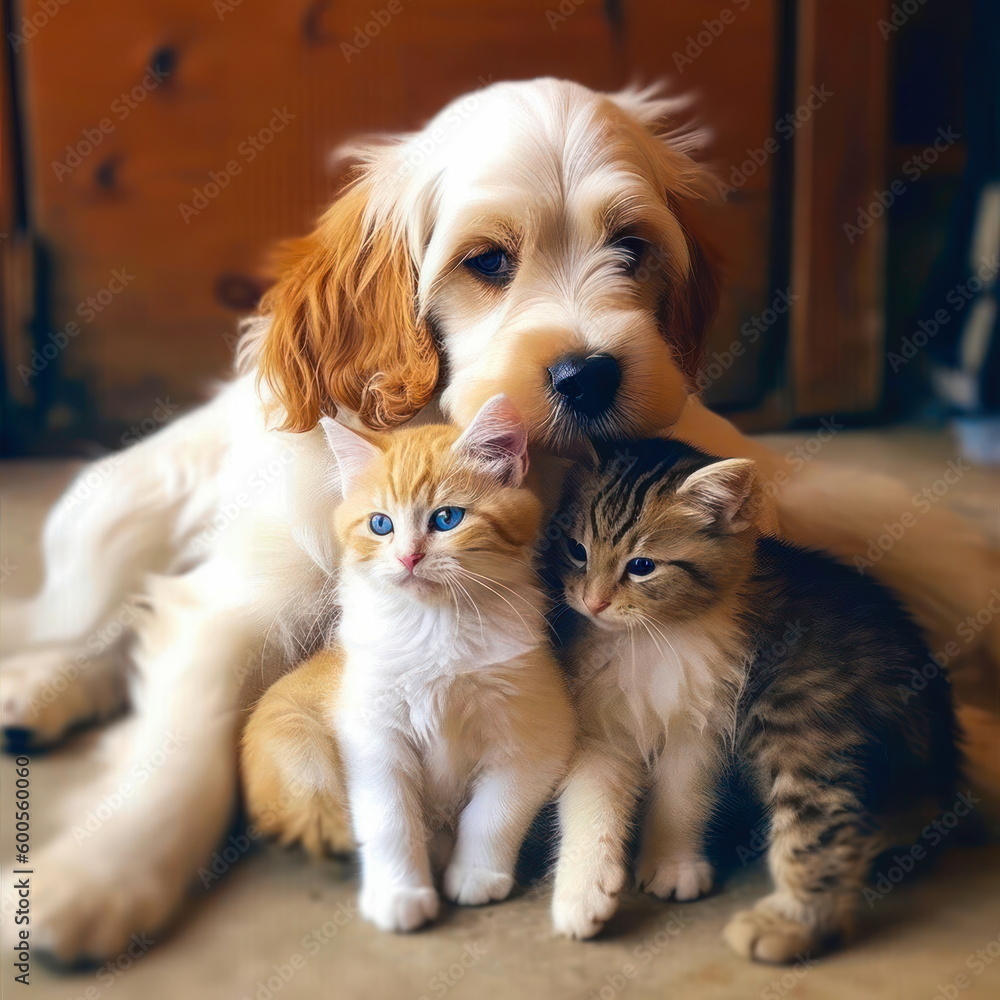 Portrait of two adorable kittens and one adorable puppy Portrait of two adorable kittens and one adorable puppy
