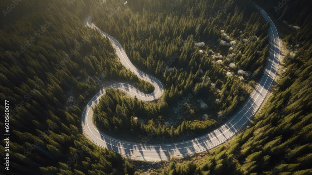 Aerial shot of some road serpentines. Winding mountain highway. Shot from drone. Generative AI