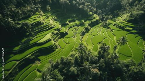 Aerial view of green rice field. Generative AI