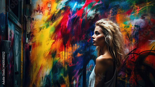 Woman posed in front of a vibrant and expressive wall. Generative AI
