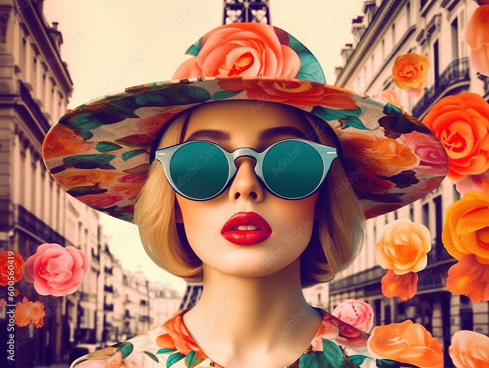 Fashion woman wearing trendy sunglasses and in a textile hat. Retro style 60s style girl and in a hat, Paris, floral collage. Generative AI