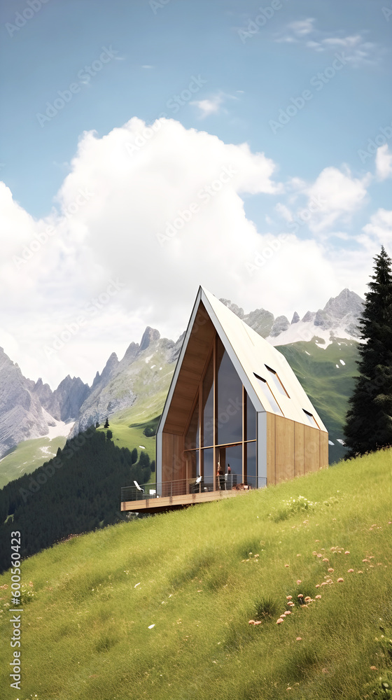Modern wooden design house at Alps, generative ai.