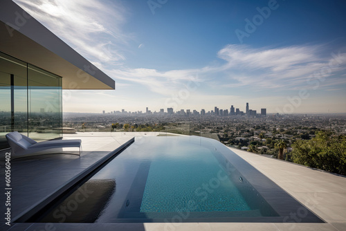 Los Angeles residence with a pool and a view on a city, Generative AI © Schizarty