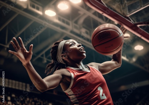Portrait of a Young African Woman Basketball Athlete while playing basketball. Generative AI. © ern