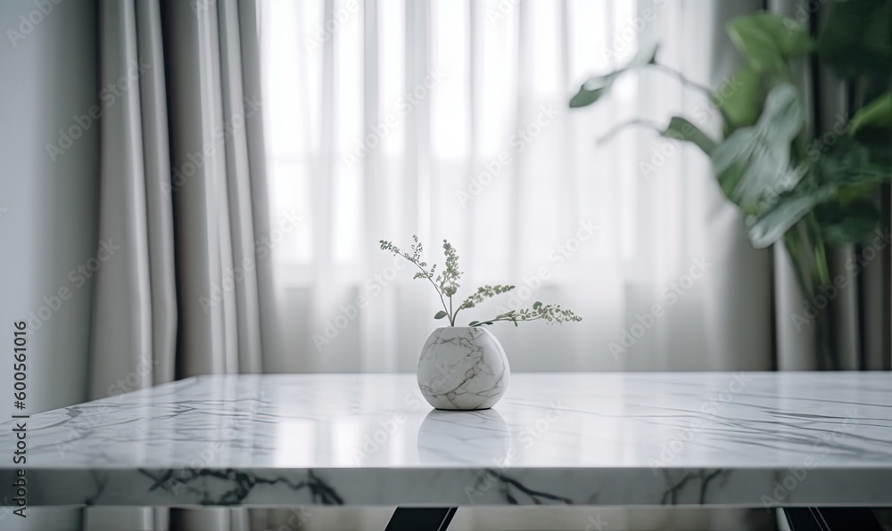 Empty white marble stone table top and blurred living room at home interior with window curtain background, generative AI Empty white marble stone table top and blurred living room at home interior with window curtain background, generative AI