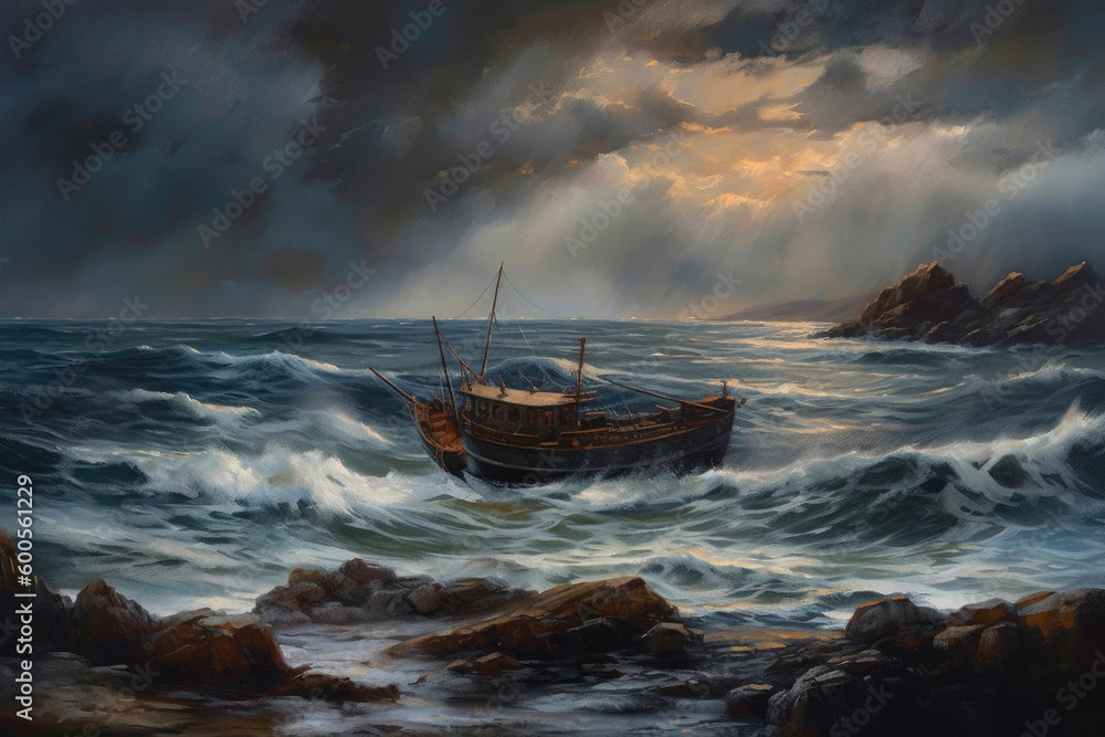 Dark and stormy weather on the coast, boat in trouble, dramatic sky. Generative AI Dark and stormy weather on the coast, boat in trouble, dramatic sky. Generative AI