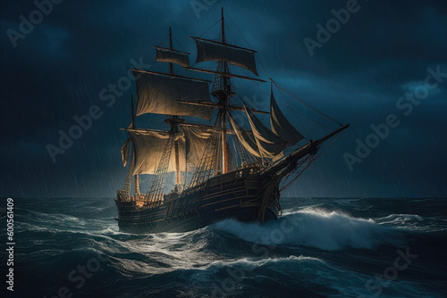 Ship on full stormy seas. Generative AI © Andrii 