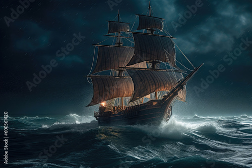 Large pirate ship sailing through the stormy sea conditions. Generative AI